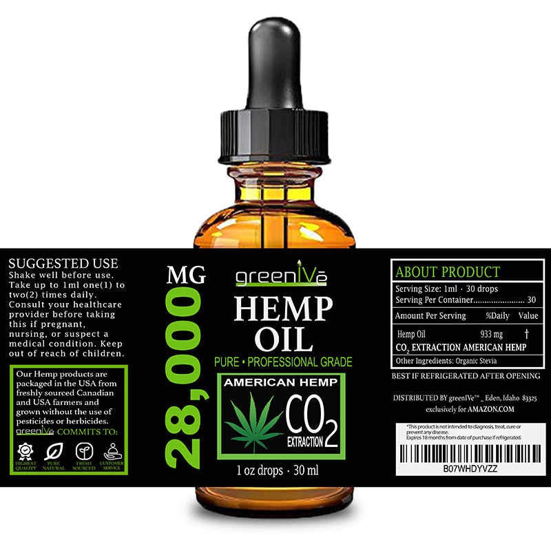 GreenIVe Hemp Oil 28,000mg label